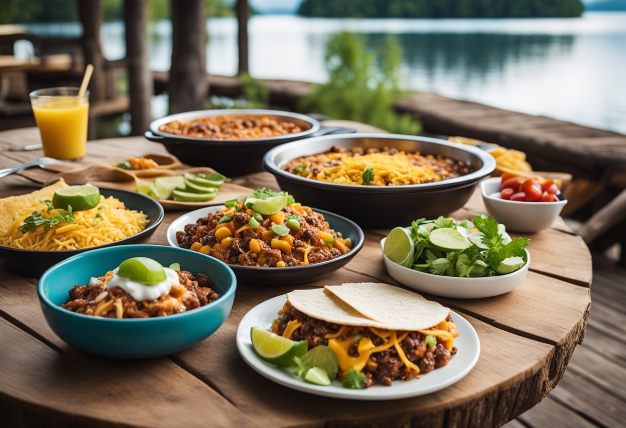 A rustic wooden table set with a colorful array of low-carb taco bake and other keto-friendly dishes, overlooking a serene lake