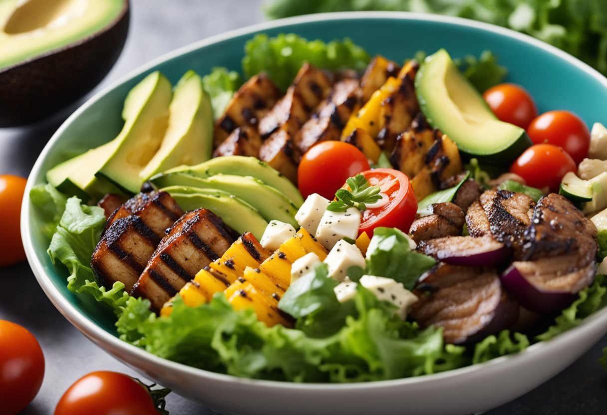 A colorful bowl filled with grilled vegetables, avocado, and seasoned meat, surrounded by fresh ingredients like lettuce, tomatoes, and cheese