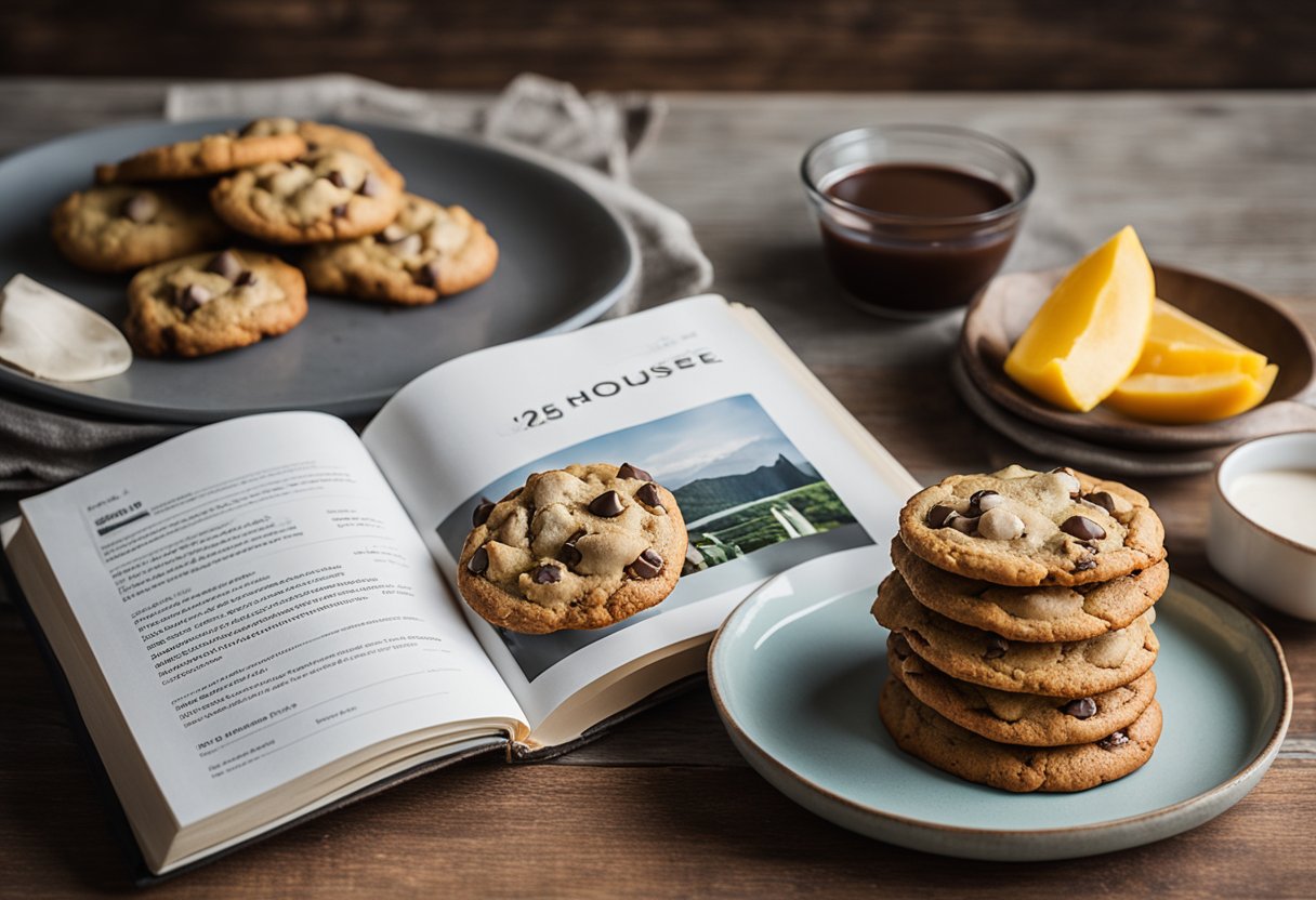 A rustic kitchen counter with a plate of keto chocolate chip cookies and a recipe book titled "25 Keto Lake House Meal Ideas"