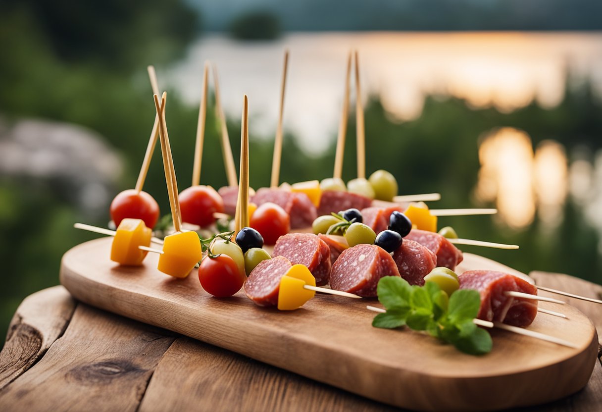 Skewers arranged on a wooden board, featuring salami, cheese, olives, and tomatoes. A serene lake house setting in the background