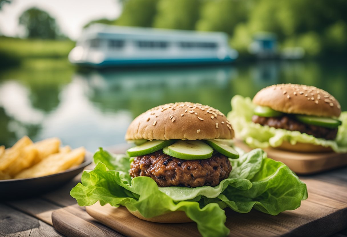 A lakeside picnic with keto burgers wrapped in lettuce, surrounded by nature and a serene lake view