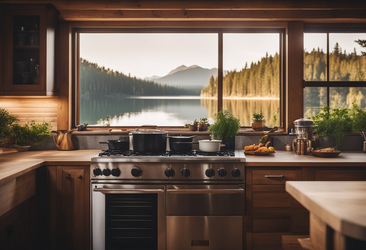 A cozy lake house kitchen with a pot of steaming keto chili simmering on the stove, surrounded by rustic wooden cabinetry and a view of the tranquil water outside