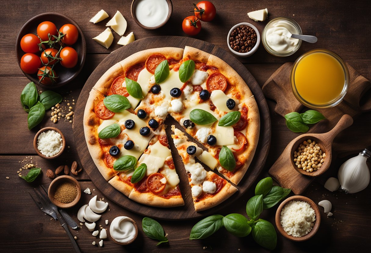 A rustic wooden table topped with a freshly baked keto pizza crust, covered in melted mozzarella cheese and surrounded by various keto-friendly toppings