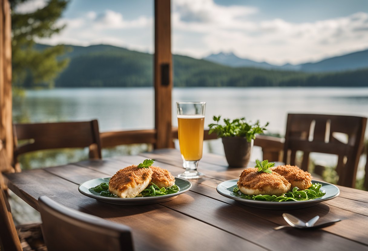 A rustic lake house kitchen with a wooden table set for two, featuring a plate of keto-style chicken parmesan and a view of the serene lake outside