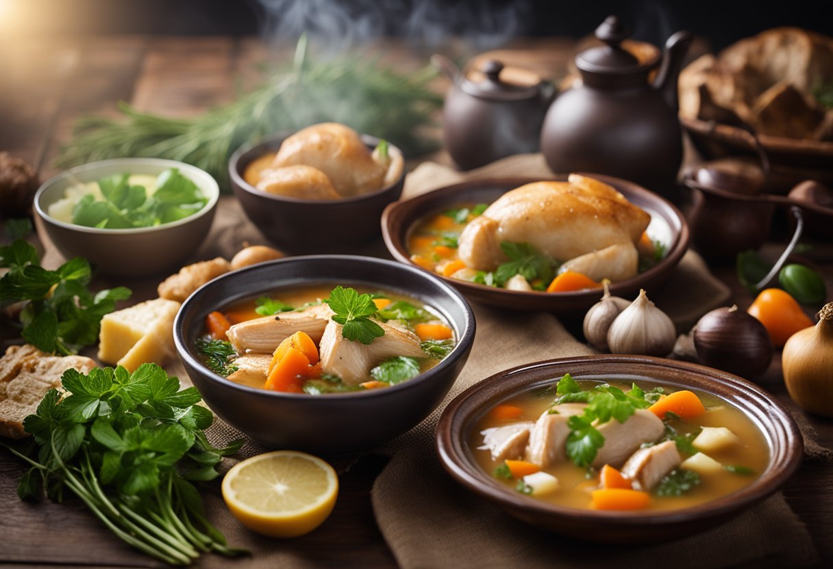 A rustic wooden table set with a steaming bowl of hearty roast chicken soup, surrounded by fresh herbs and vegetables