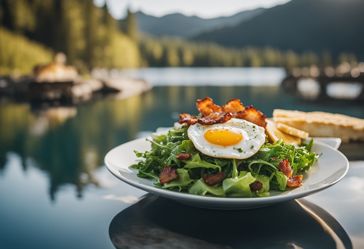 A plate of mixed greens topped with crispy bacon, fried eggs, and melted cheese, set against a serene lake view