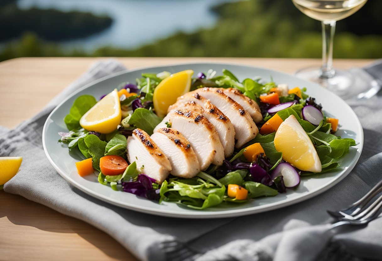 A plate of sliced chicken breast sits on a bed of mixed greens, surrounded by colorful vegetables and garnishes. The setting is a serene lake house with a view of the water