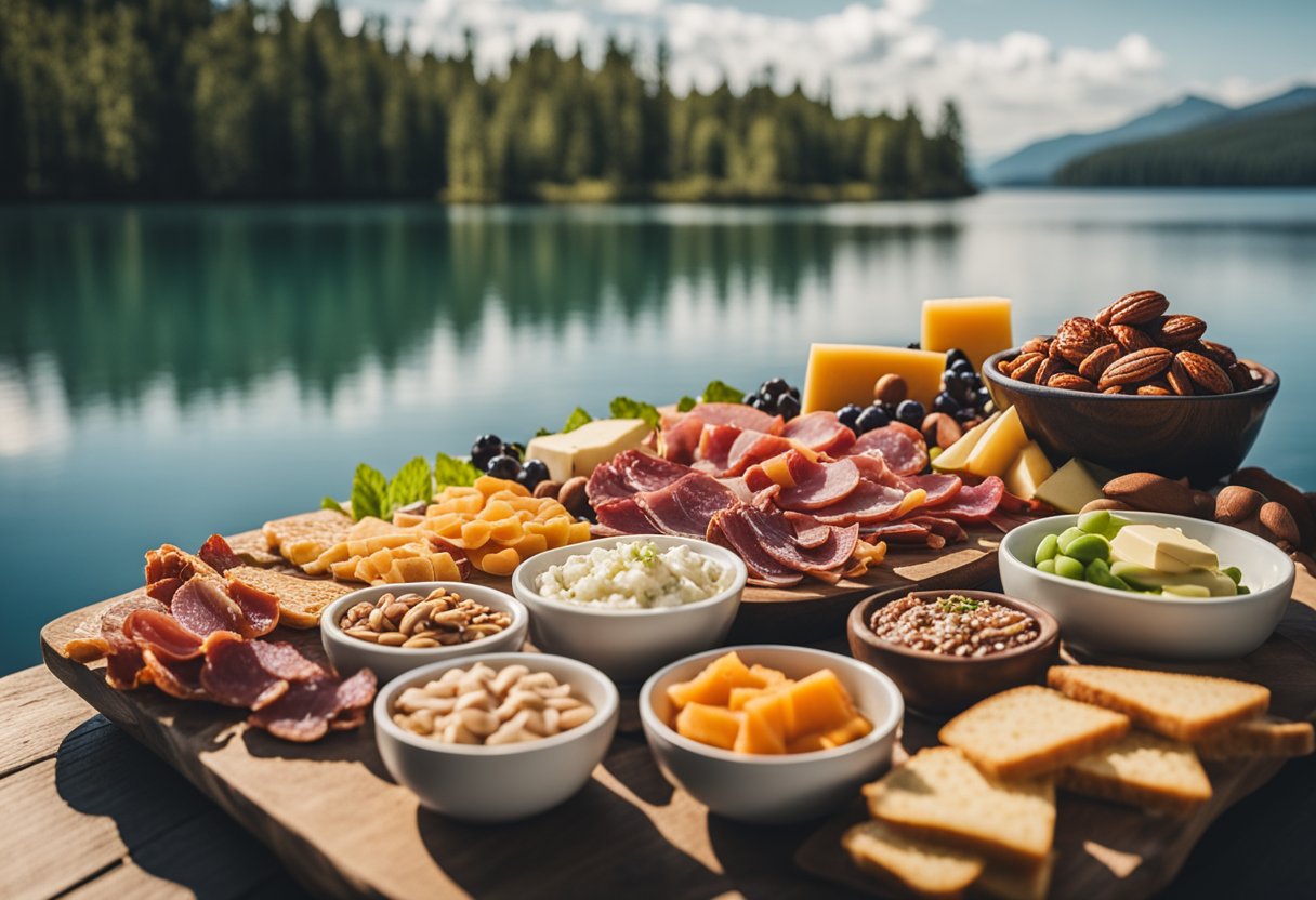 A colorful platter featuring an assortment of keto-friendly snacks, including nuts, cheese, vegetables, and cured meats, arranged on a rustic wooden table by a serene lake house