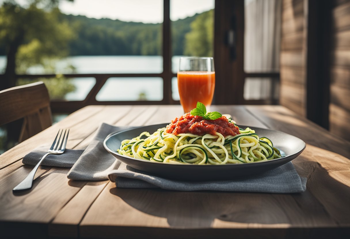 A rustic wooden table set with a plate of zucchini noodles topped with marinara sauce, surrounded by lake house scenery and natural light streaming in through the window