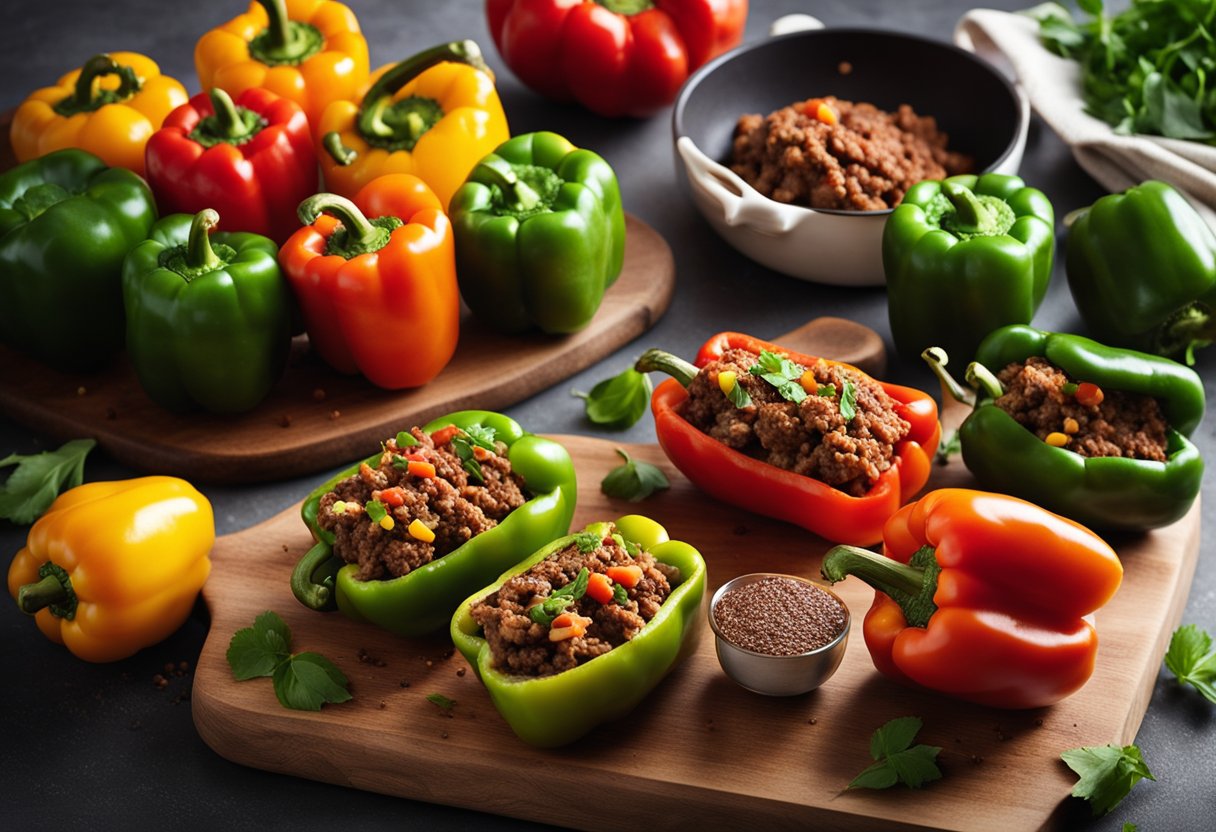 A rustic kitchen counter displays a row of colorful stuffed bell peppers filled with seasoned ground beef, surrounded by fresh ingredients and cooking utensils