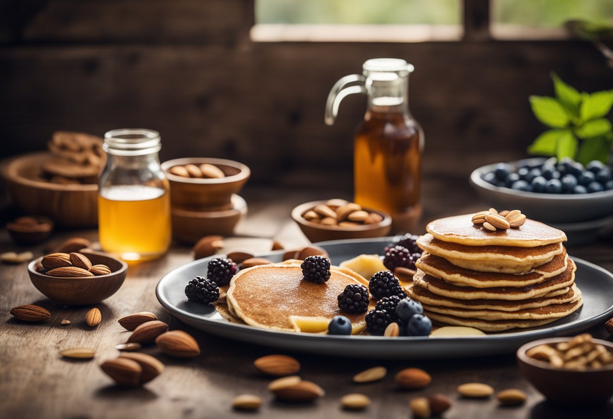 A rustic wooden table with a plate of almond flour pancakes, surrounded by ingredients like berries, nuts, and a jar of maple syrup