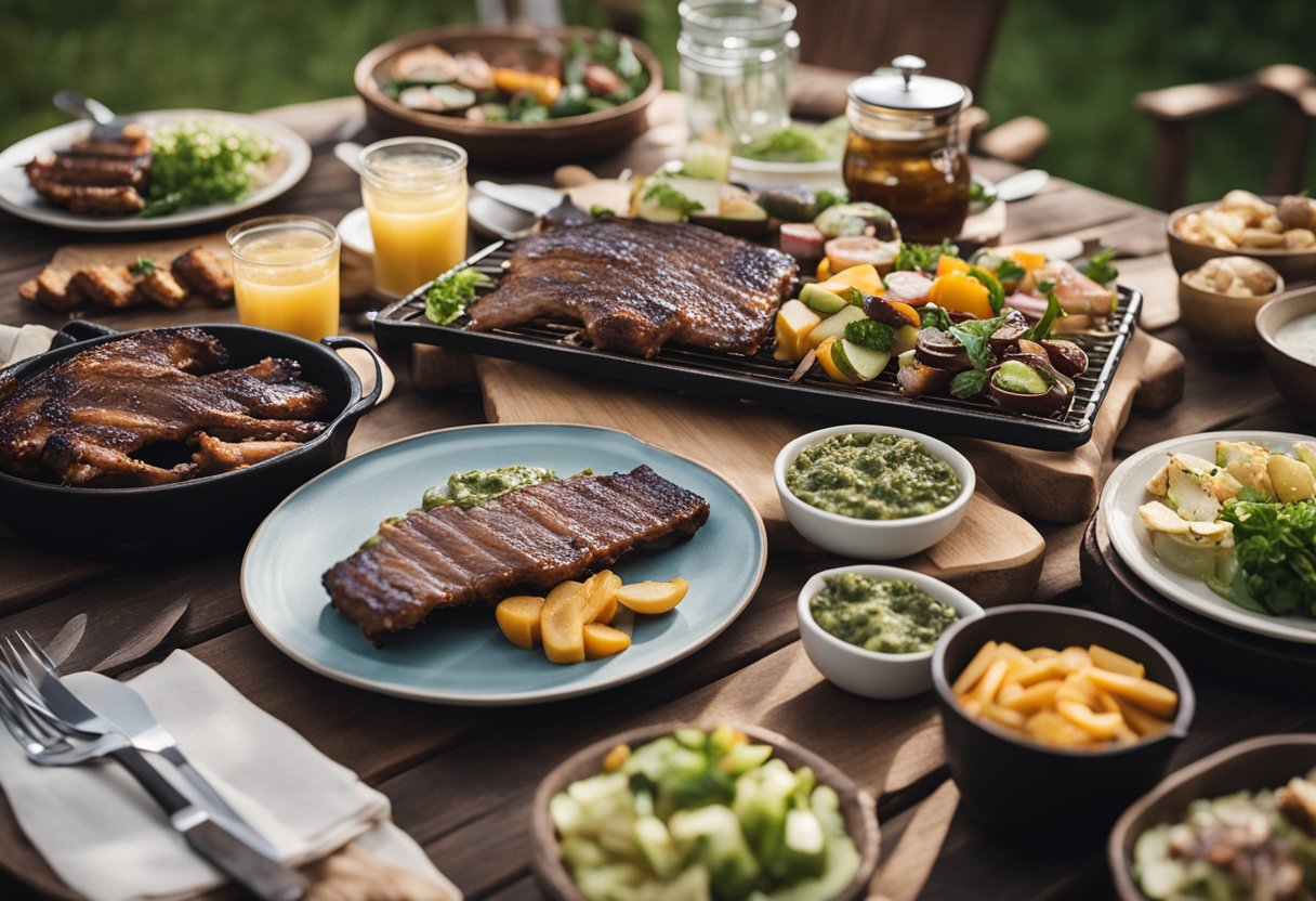 A rustic lake house setting with a picnic table set for a keto BBQ meal, featuring a plate of succulent ribs and various low-carb side dishes