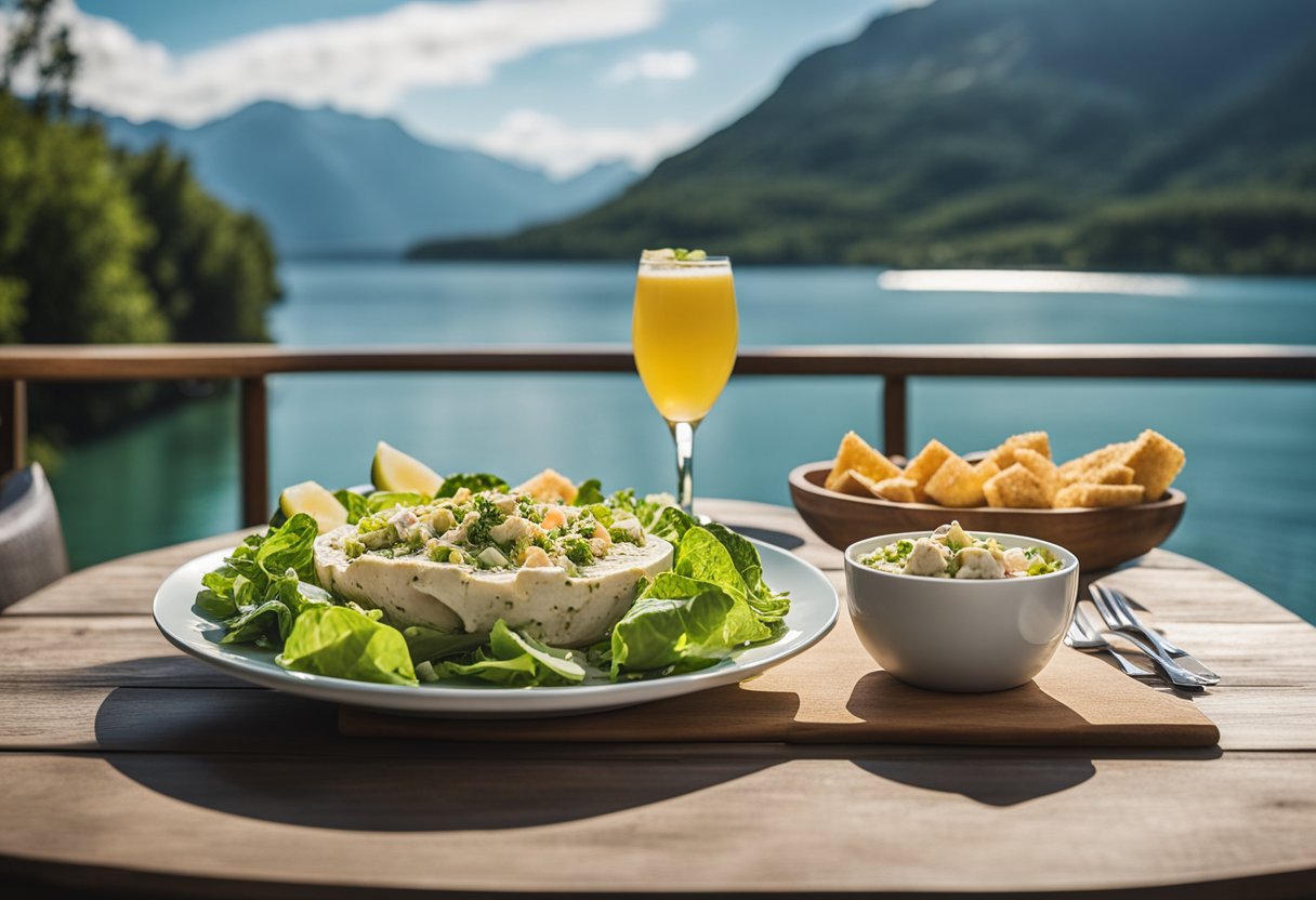 A rustic wooden table set with a Keto Caesar Salad, surrounded by lake views and a serene atmosphere