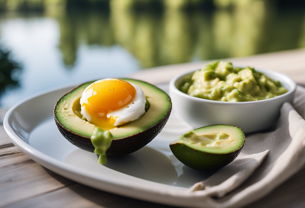 An avocado half filled with a baked egg, surrounded by a serene lake house setting with a keto meal spread