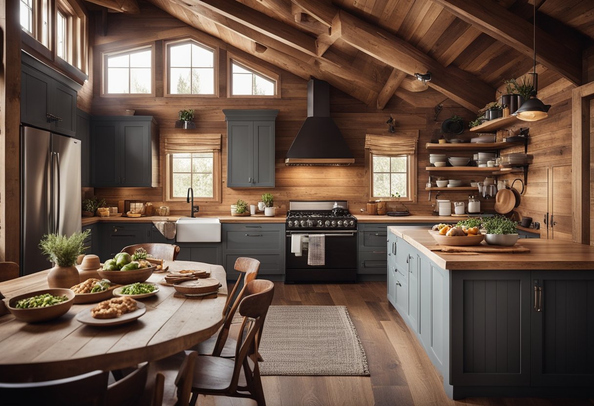 A cozy cabin kitchen with a rustic wooden table set with keto-friendly ingredients and cookware for preparing 12 different recipes