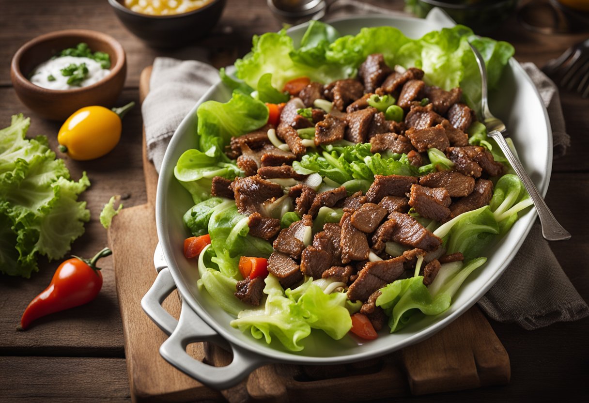 A sizzling skillet of spicy beef surrounded by vibrant lettuce leaves on a rustic wooden table