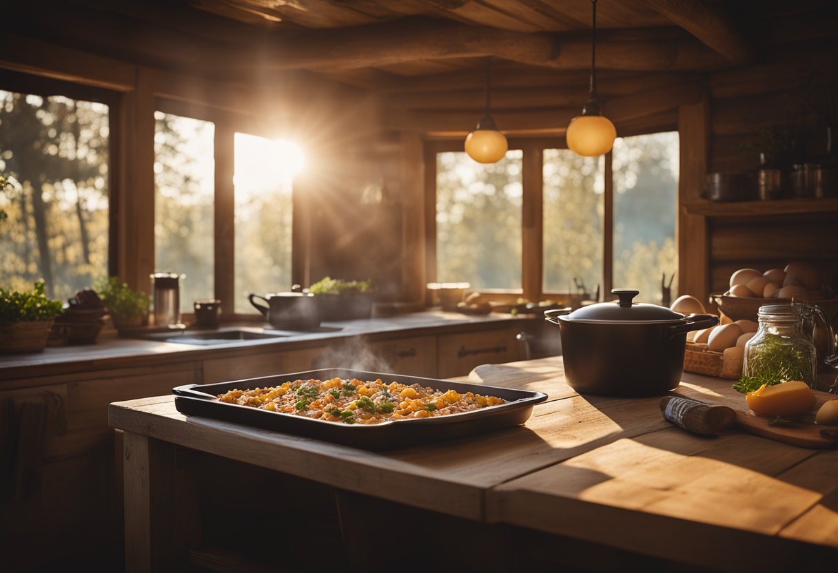 A rustic cabin kitchen with a steaming casserole dish surrounded by ingredients like Italian sausage, cheese, and eggs. Sunrise streams in through the window