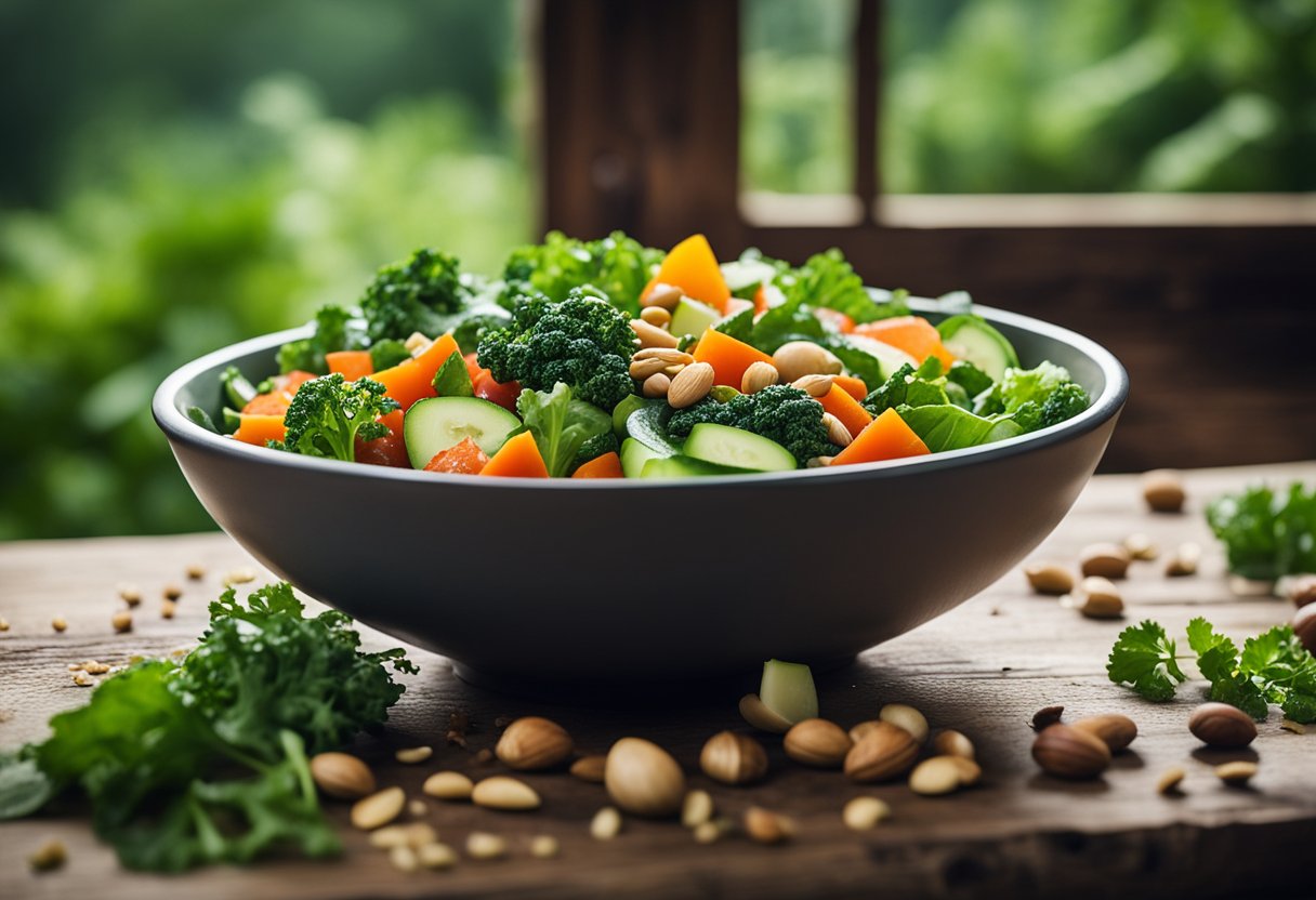 A colorful array of chopped vegetables and leafy greens arranged in a bowl, with a sprinkle of nuts and seeds, all set against a rustic cabin backdrop