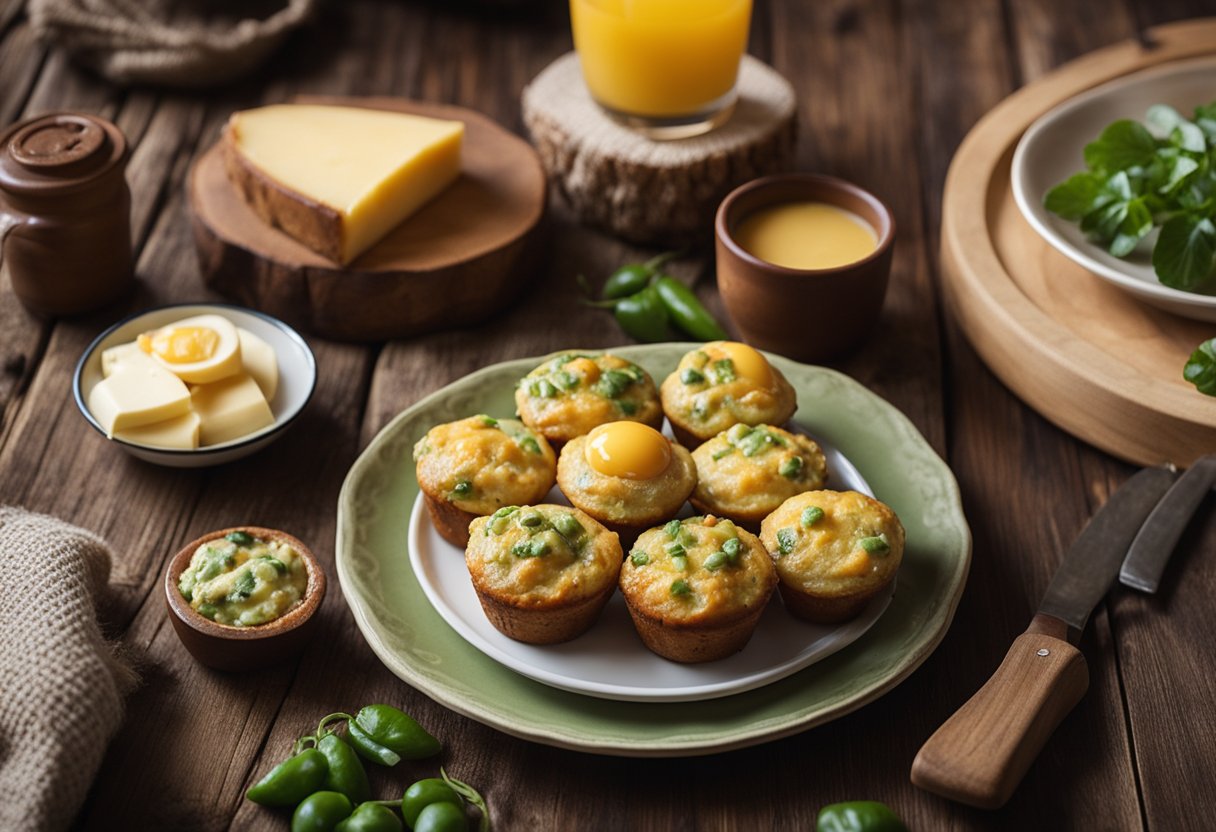 A rustic wooden table with a platter of green chili and cheese egg muffins, surrounded by a cozy cabin interior