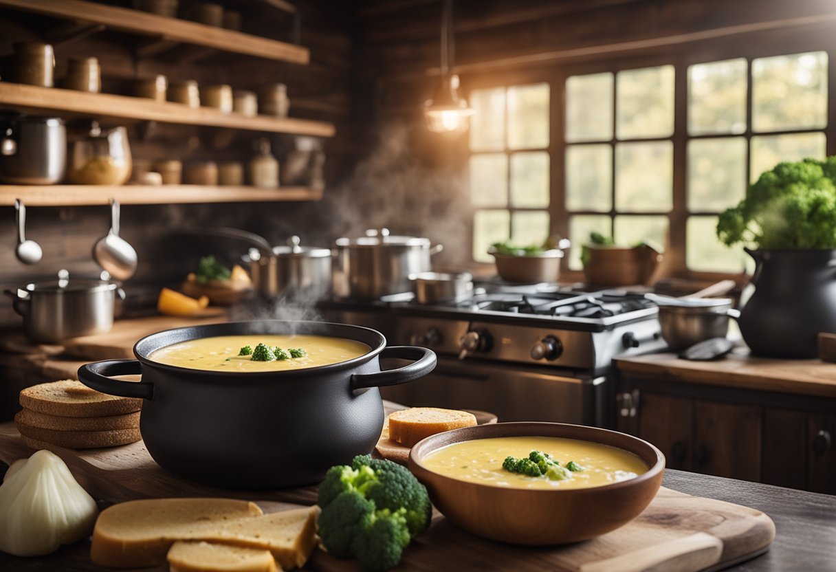 A rustic wooden cabin kitchen with a steaming pot of keto cheddar broccoli soup on the stove, surrounded by ingredients and cooking utensils