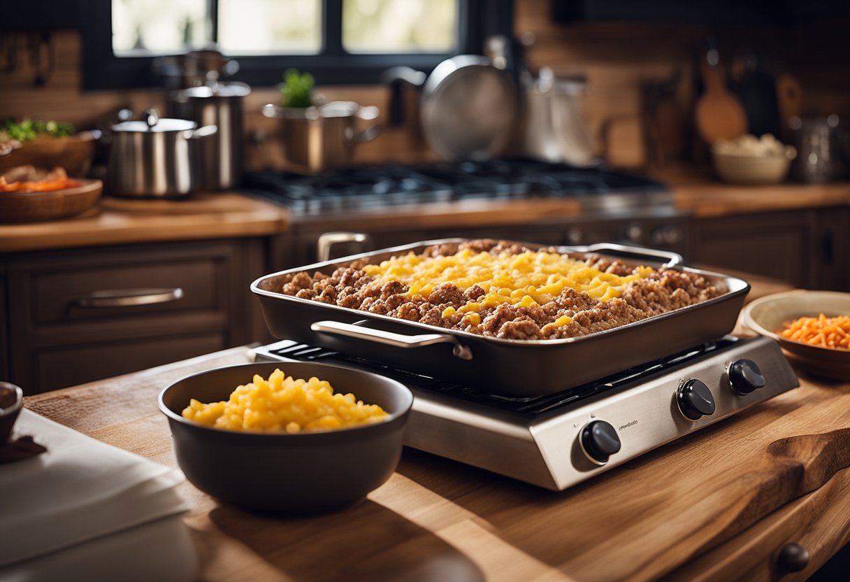 A cozy cabin kitchen with a bubbling casserole dish surrounded by ingredients like ground beef, cheese, and vegetables. The warm glow of a stove and rustic decor add to the inviting atmosphere