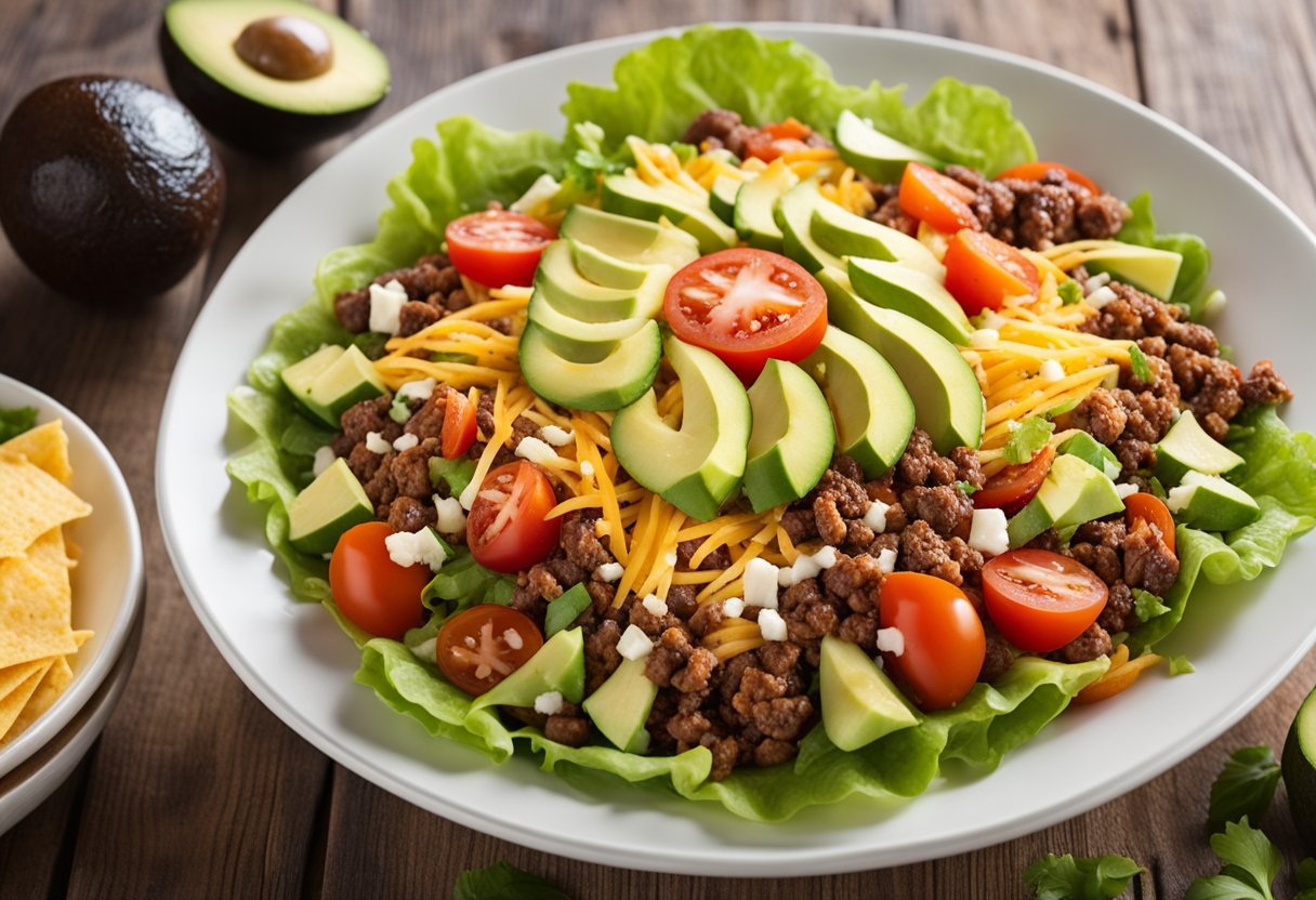 A colorful taco salad with lettuce, tomatoes, cheese, and ground beef in a large bowl on a wooden table, surrounded by avocado and lime slices