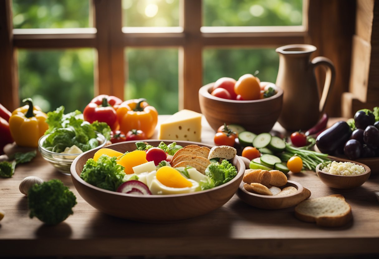 A rustic wooden table with a colorful array of fresh vegetables and cheese arranged in a breakfast bowl. Sunlight streams through a cabin window, casting a warm glow on the scene