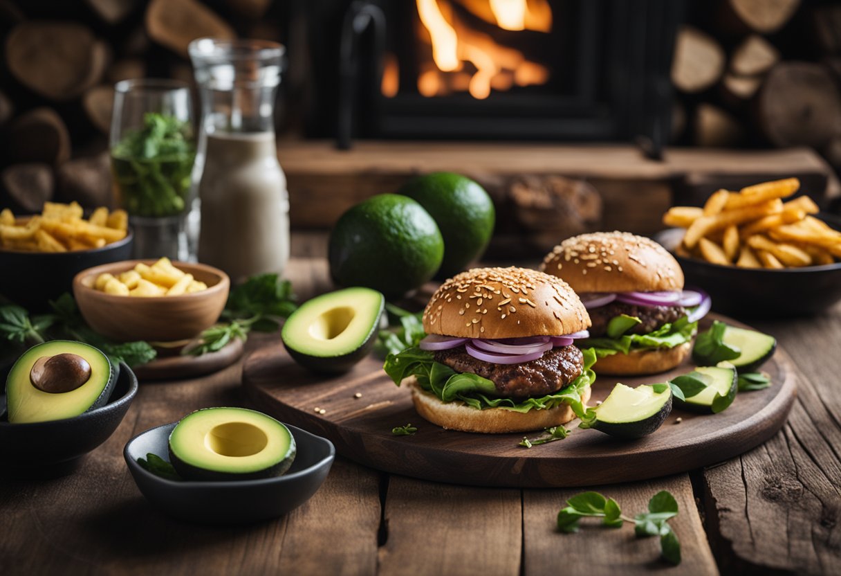 A table set with keto burgers and avocado, surrounded by a rustic cabin interior