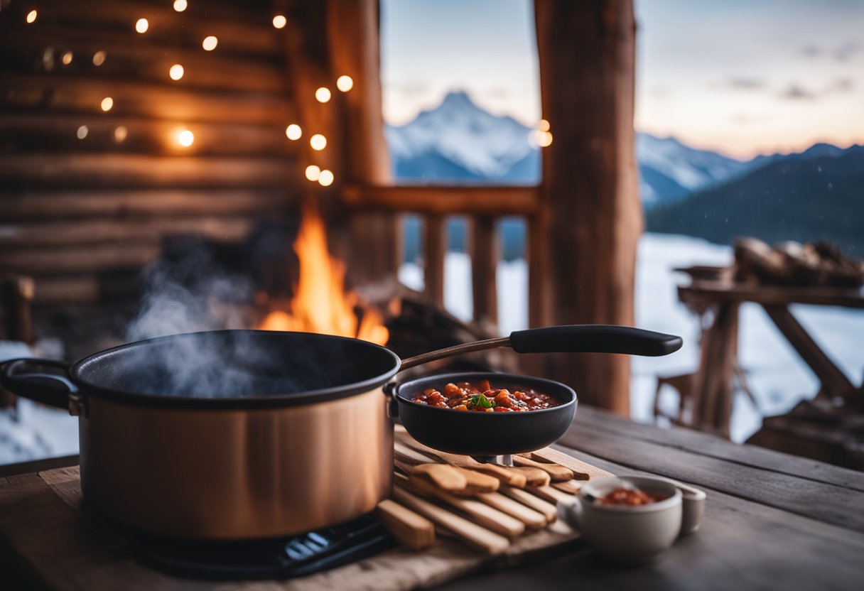 A steaming pot of keto-friendly chili simmers over a crackling fire in a cozy cabin kitchen, surrounded by rustic wooden utensils and a snowy mountain view