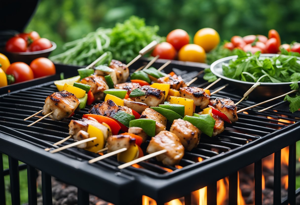 Juicy chicken skewers sizzling on a grill, surrounded by vibrant veggies and herbs, with a cozy cabin in the background