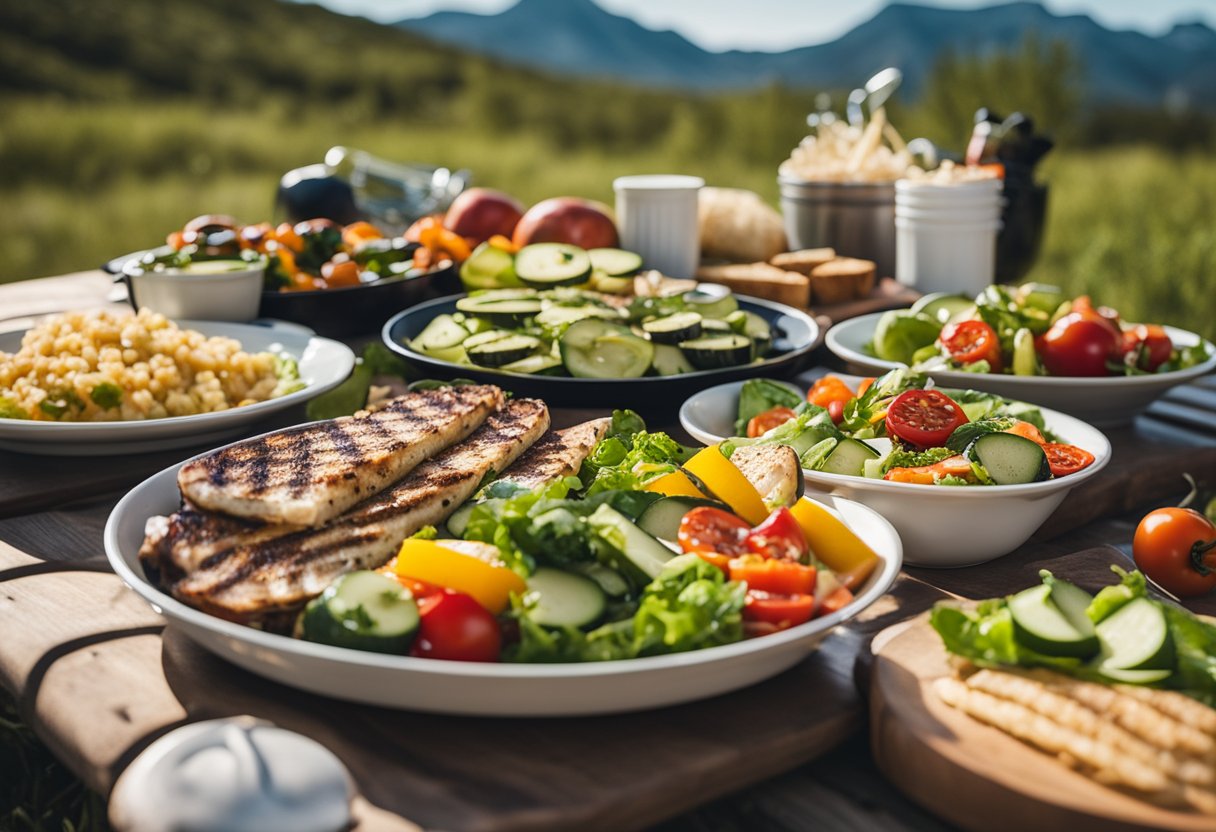 A colorful spread of keto-friendly RV trip meals, including grilled vegetables, salads, and low-carb wraps, arranged on a picnic table with a scenic outdoor backdrop