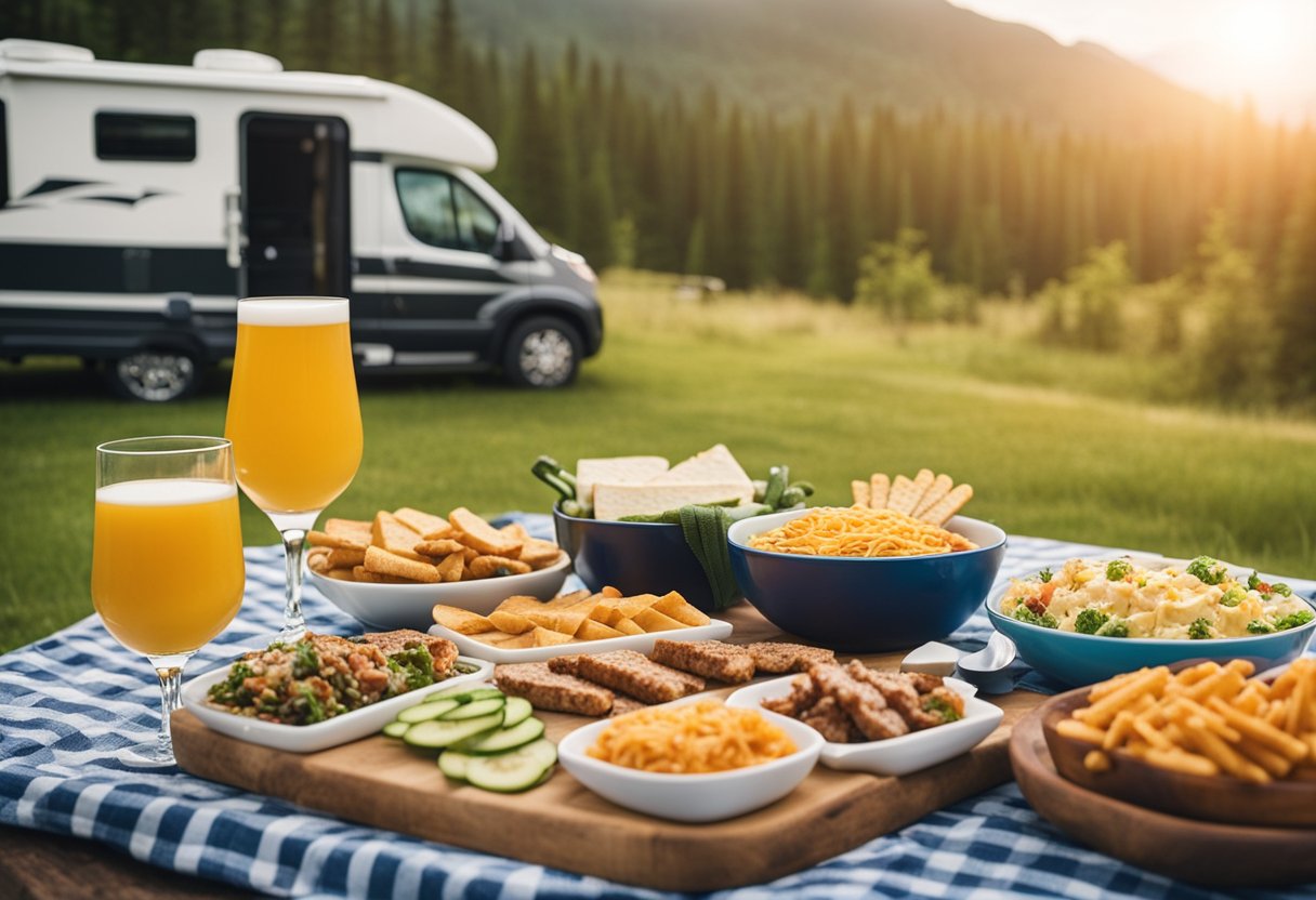 A picnic table with a spread of keto-friendly RV trip meals, including 20 cheese sticks, surrounded by scenic nature