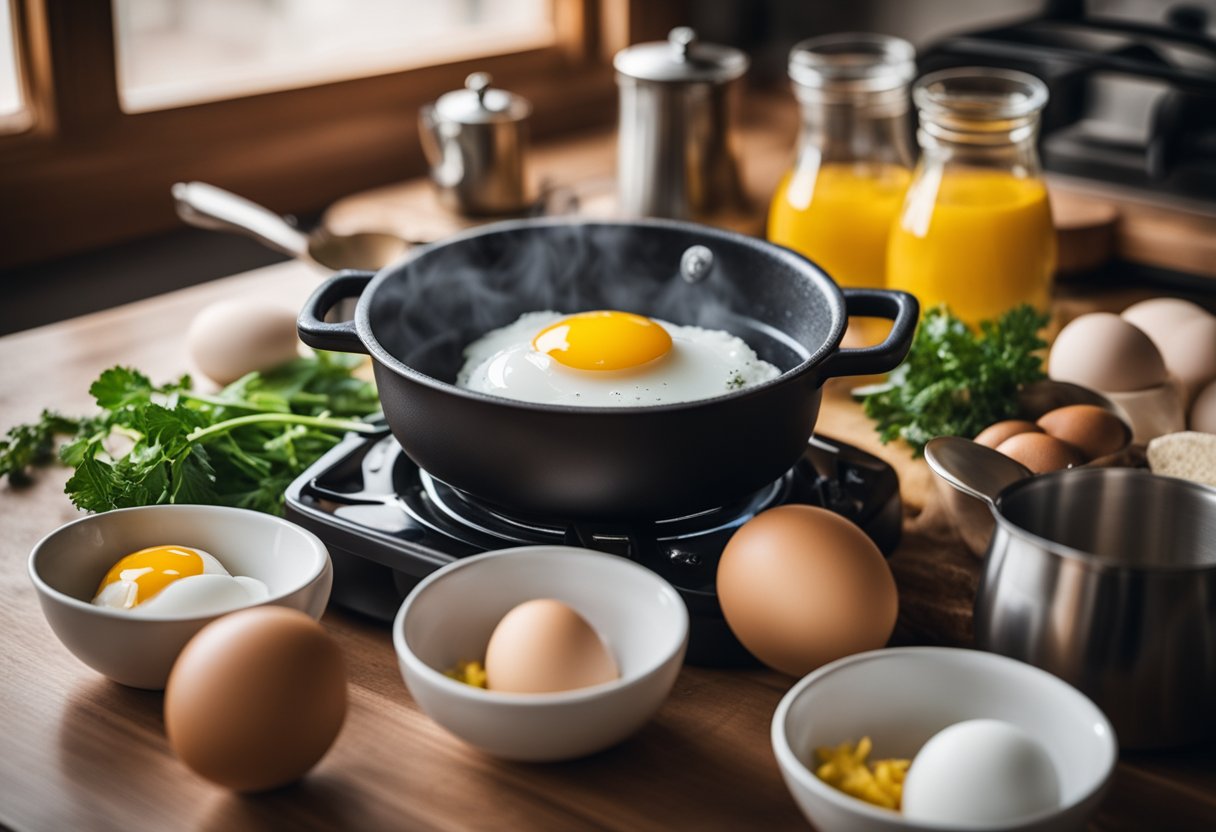 A pot of boiling water with eggs inside, surrounded by various keto-friendly ingredients and utensils in an RV kitchen