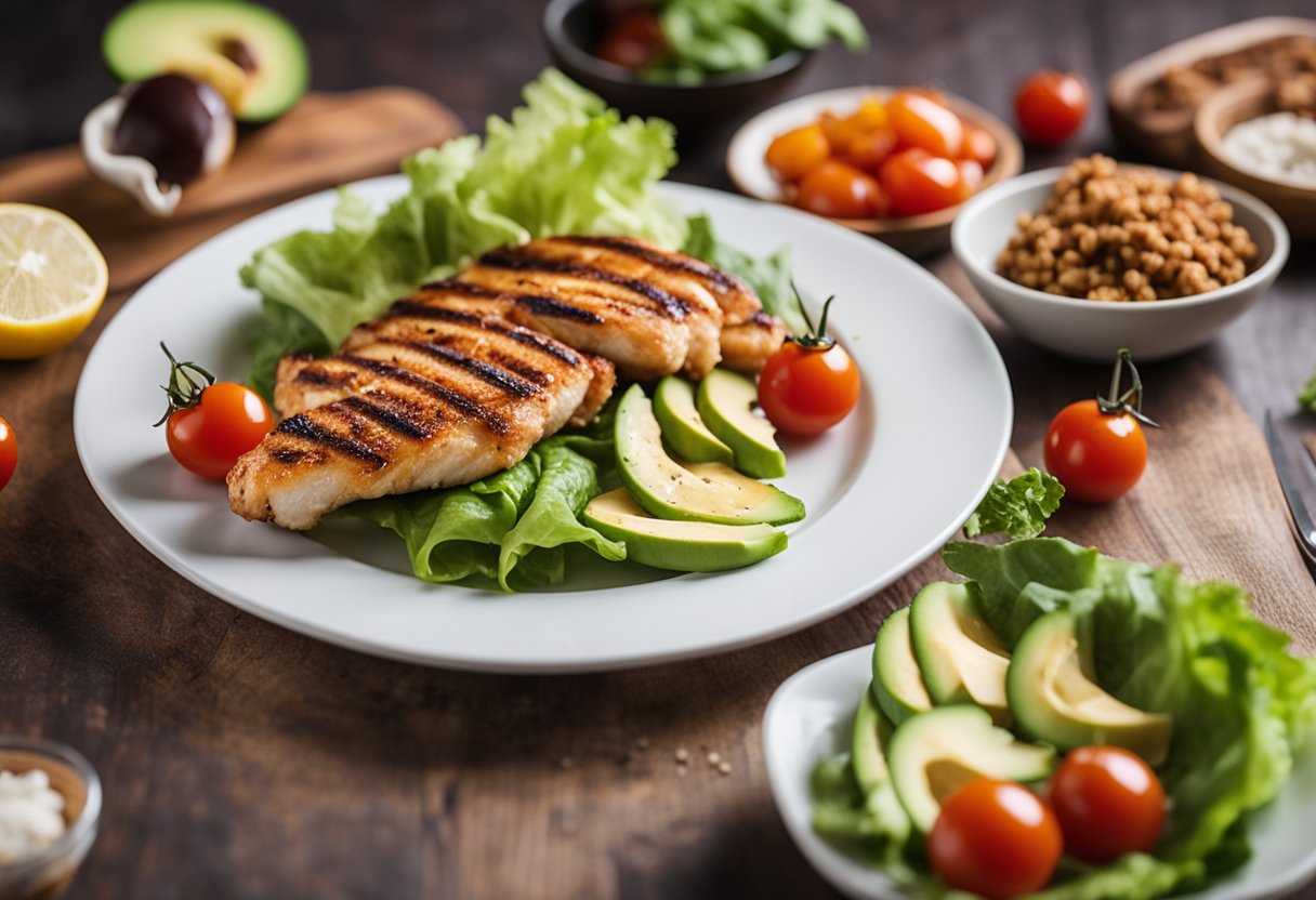 A plate of grilled chicken strips surrounded by keto-friendly ingredients like avocado, lettuce, and cherry tomatoes, with an RV in the background