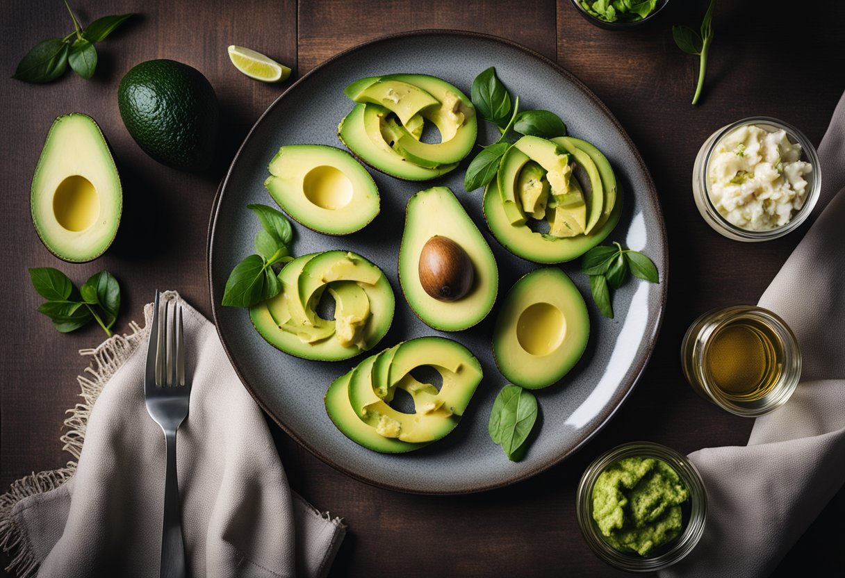 A plate with avocado slices, surrounded by various keto-friendly RV trip meal solutions