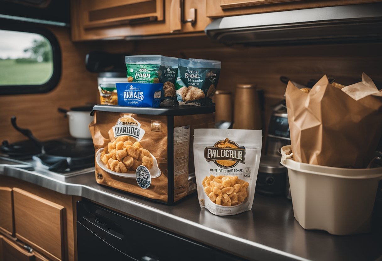 A bag of pork rinds sits next to a cooler in an RV kitchen, surrounded by various low-carb meal ingredients and utensils