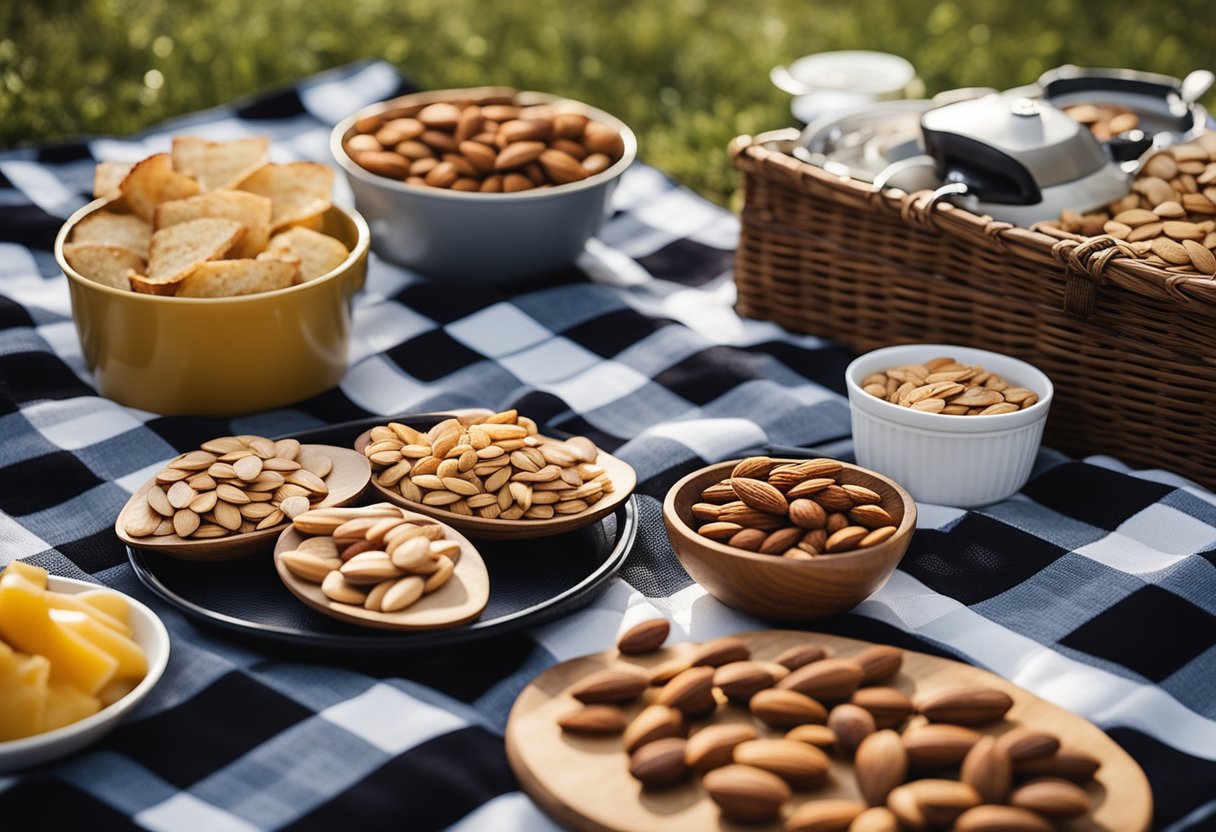 A picnic spread of almonds, keto-friendly snacks, and RV camping gear arranged on a checkered blanket in a scenic outdoor setting