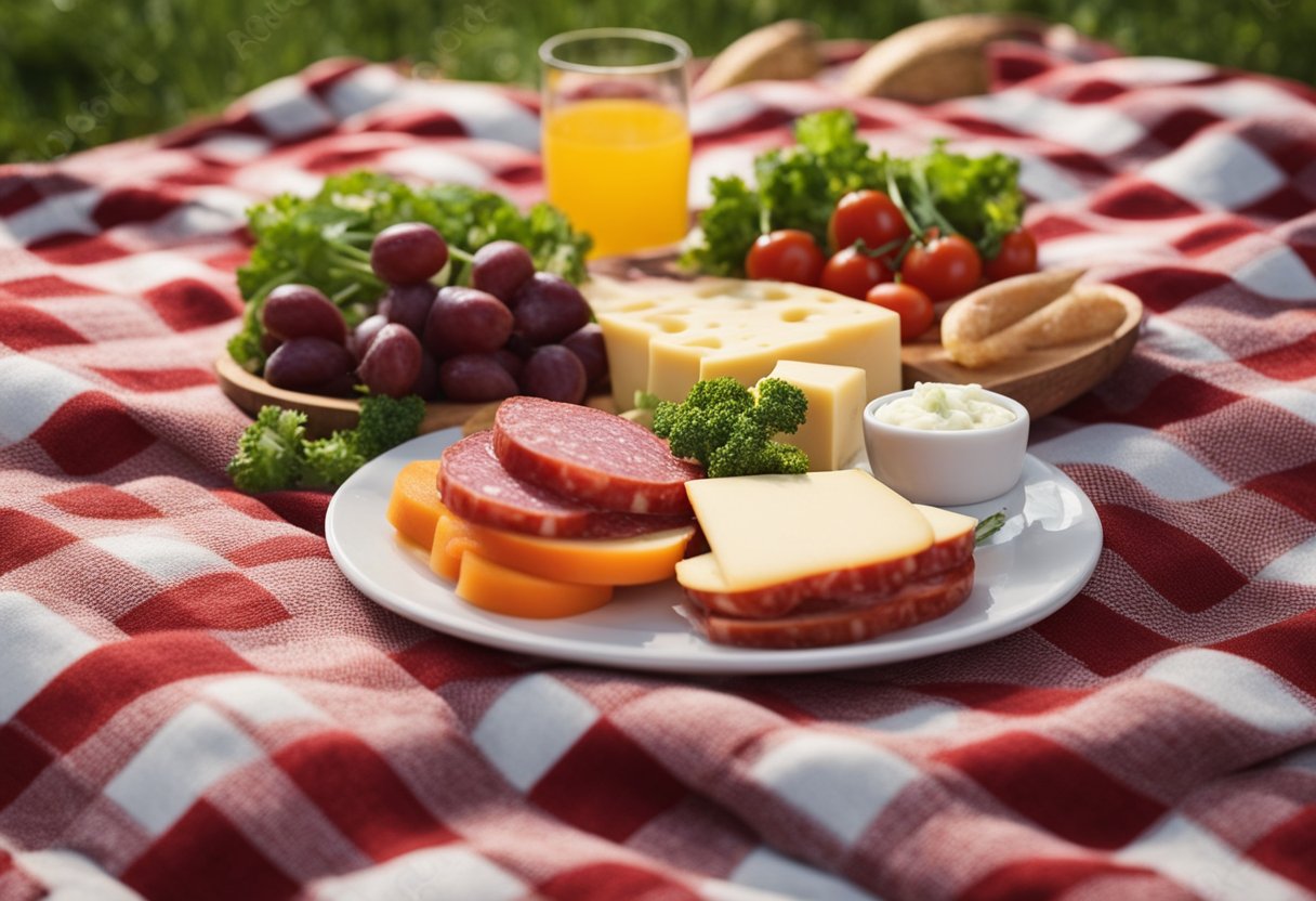 A picnic spread with sliced salami, cheese, and vegetables on a checkered blanket