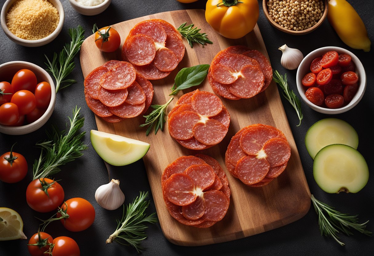 A cutting board with scattered pepperoni slices and various keto-friendly ingredients for RV meals