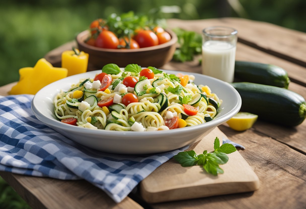 A colorful bowl of zucchini pasta salad surrounded by fresh ingredients on a picnic table at a campsite