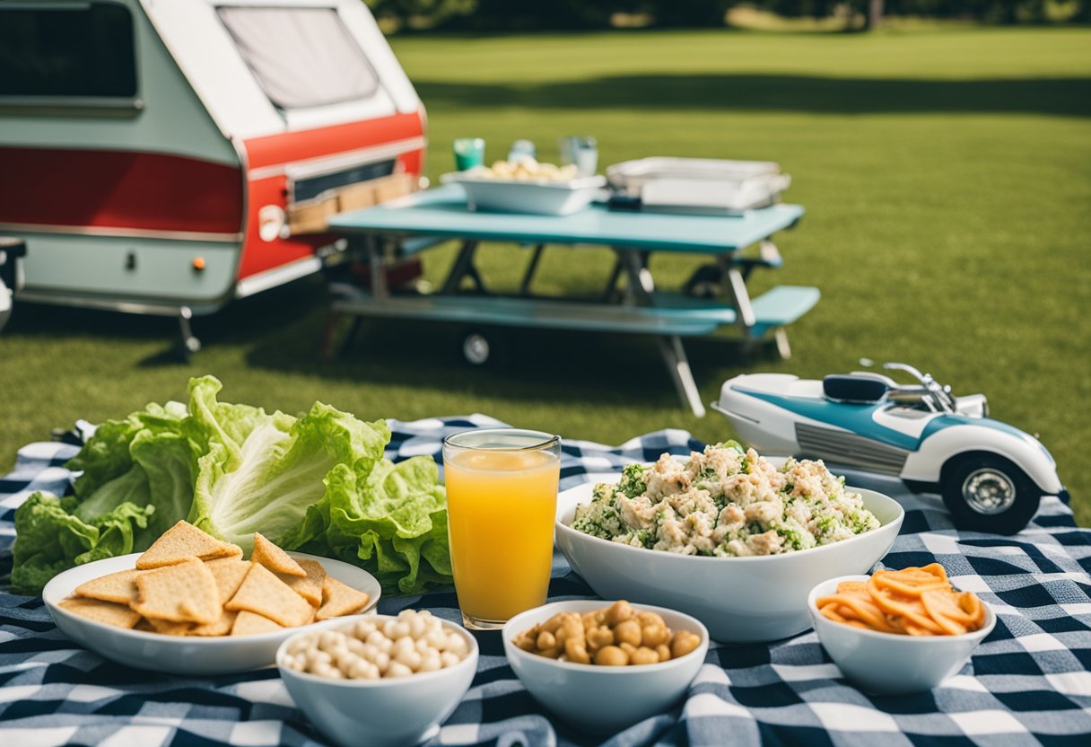 A picnic spread with tuna salad, lettuce wraps, and keto-friendly snacks on a checkered blanket beside a recreational vehicle