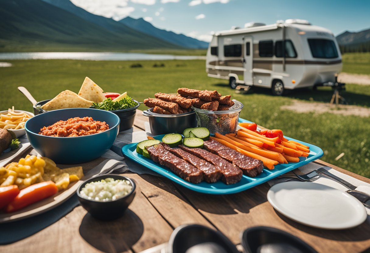 A picnic table with a spread of keto-friendly meat sticks, vegetables, and condiments, set against a backdrop of an RV parked in a scenic outdoor location