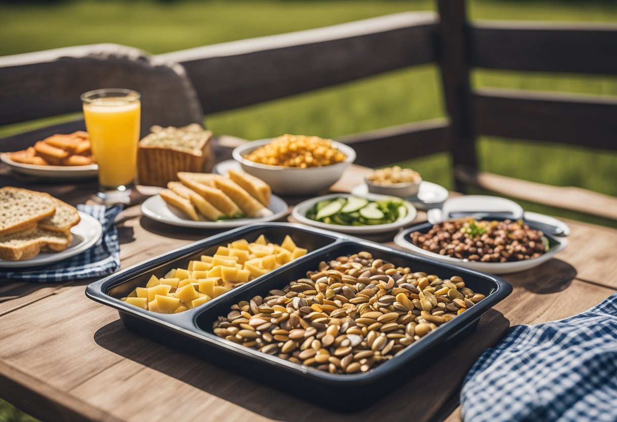 A picnic table with a spread of keto-friendly RV meals, including sunflower seed snacks, set against a scenic outdoor backdrop