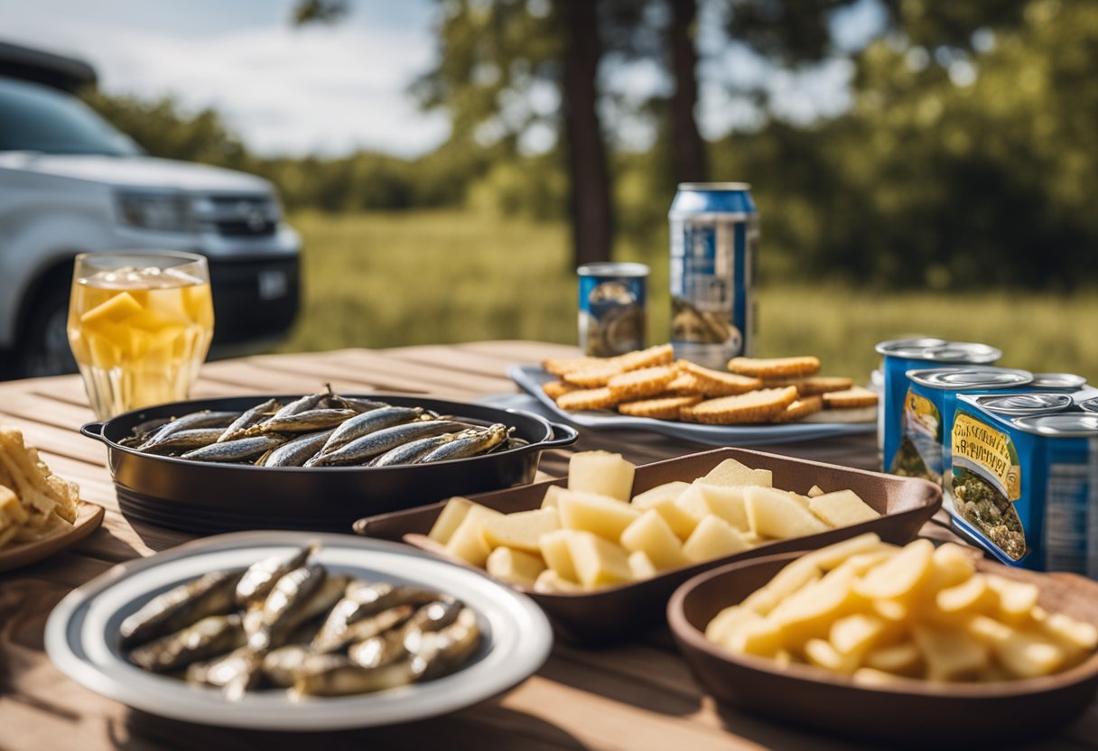 A picnic table set with canned sardines, keto-friendly snacks, and RV in the background