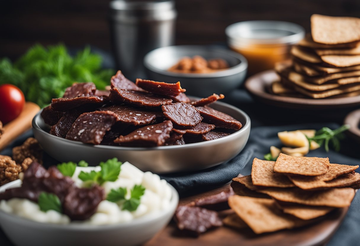 A bag of beef jerky surrounded by keto-friendly RV meal items