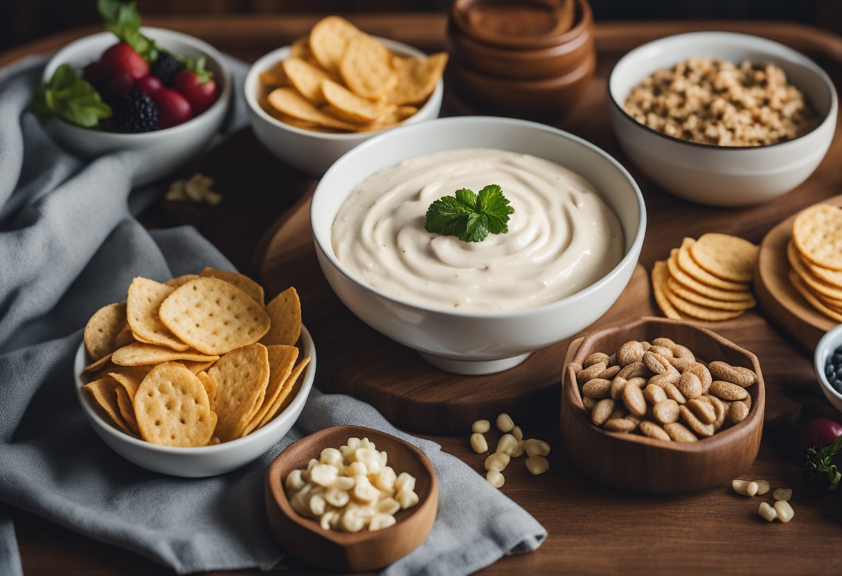 A bowl of cream cheese dip surrounded by keto-friendly snack options on a table in an RV