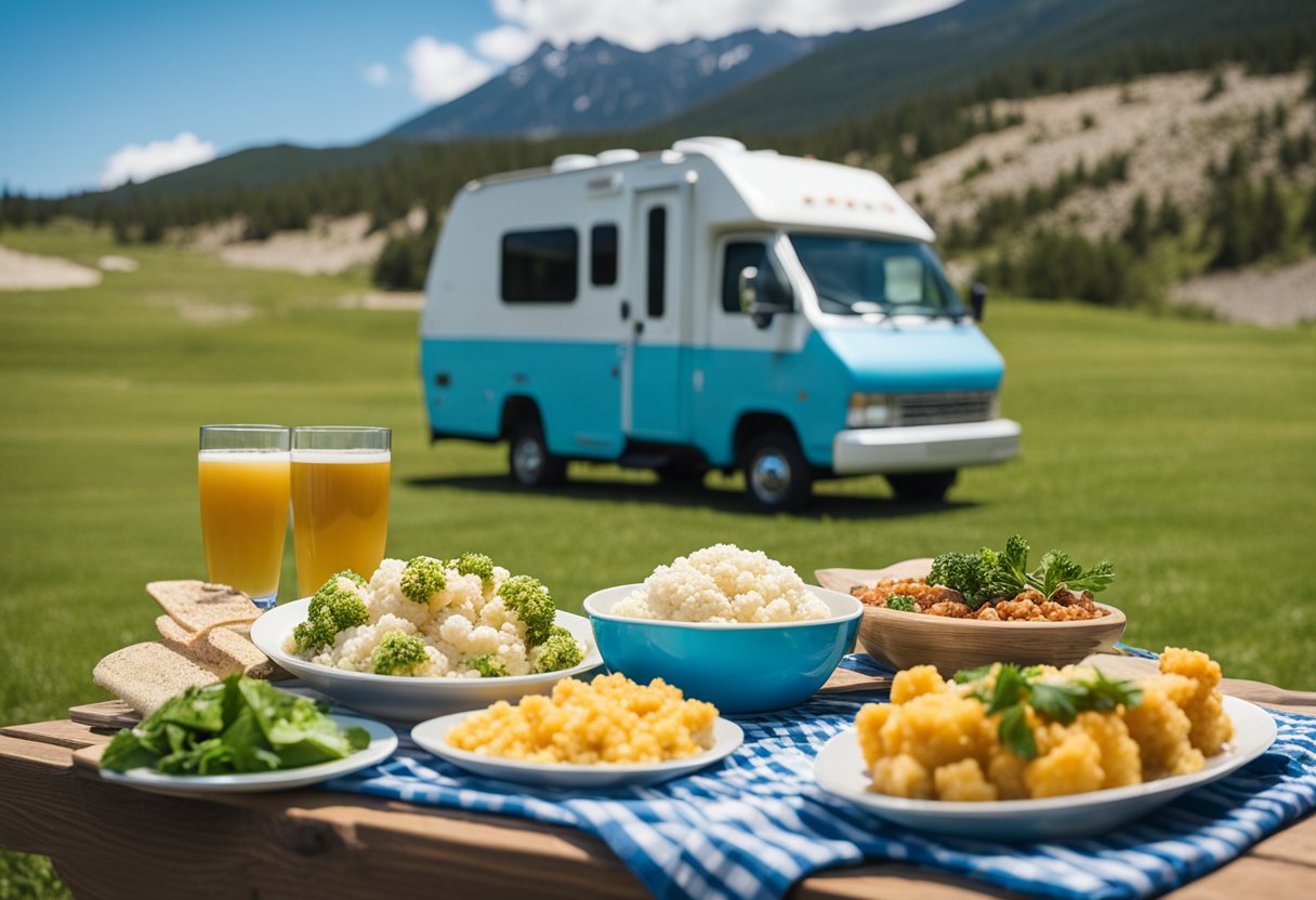 A colorful array of keto-friendly RV trip meals, including a serving of cauliflower rice, is neatly arranged on a picnic table under a bright blue sky