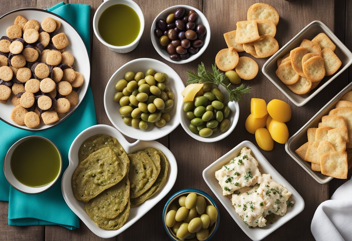 A picnic table with a variety of olive snack packs and keto meal solutions spread out on colorful plates and napkins