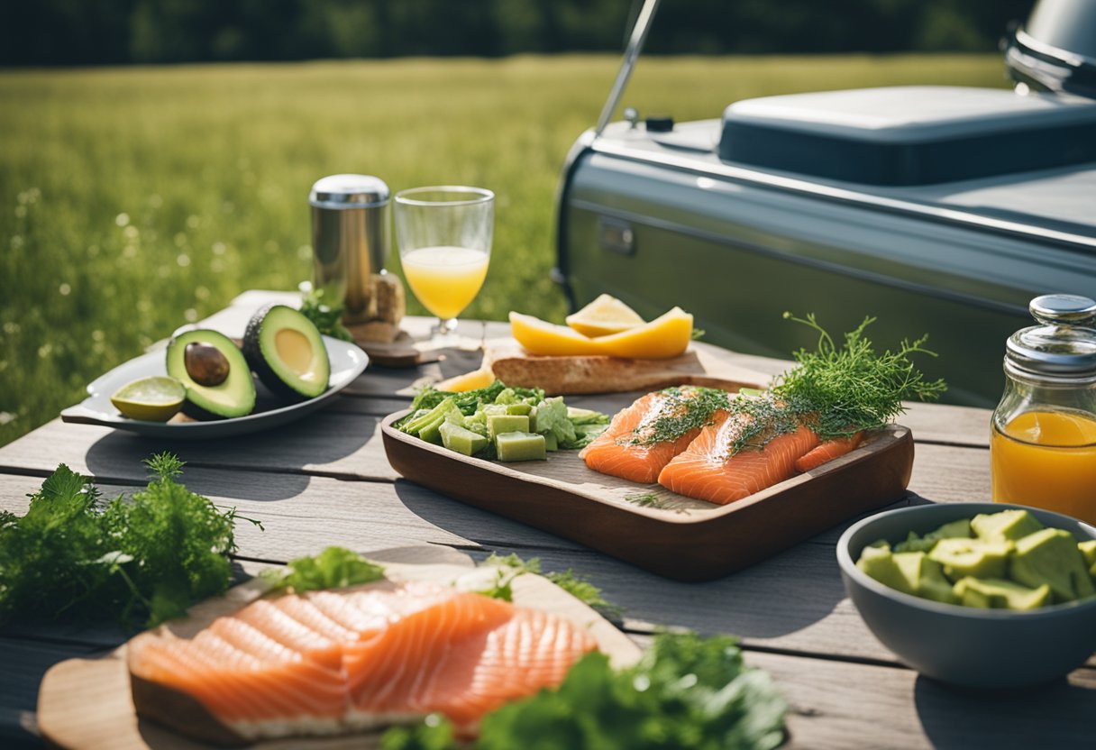 A rustic picnic spread with smoked salmon, avocado, and fresh greens on a wooden table in front of a parked RV