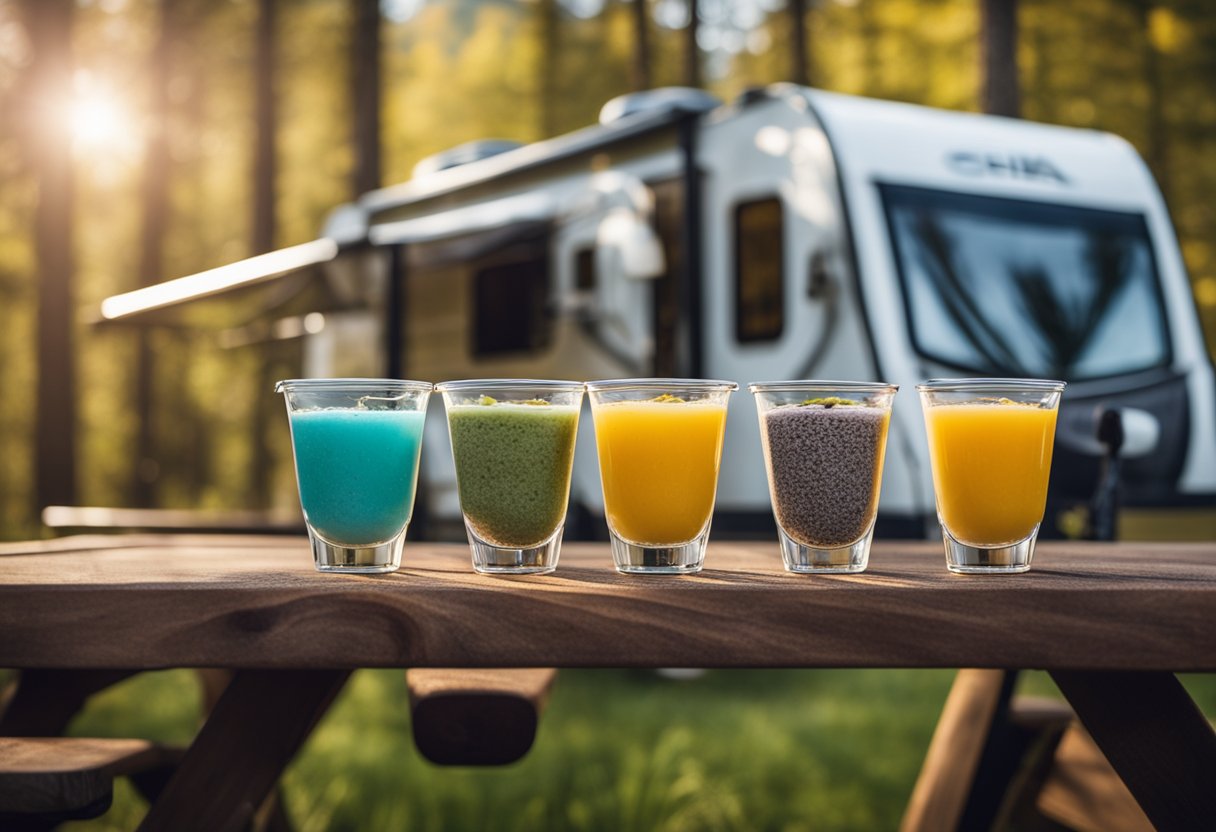 A colorful array of chia seed pudding cups arranged on a picnic table next to a cozy RV, surrounded by scenic mountains and trees